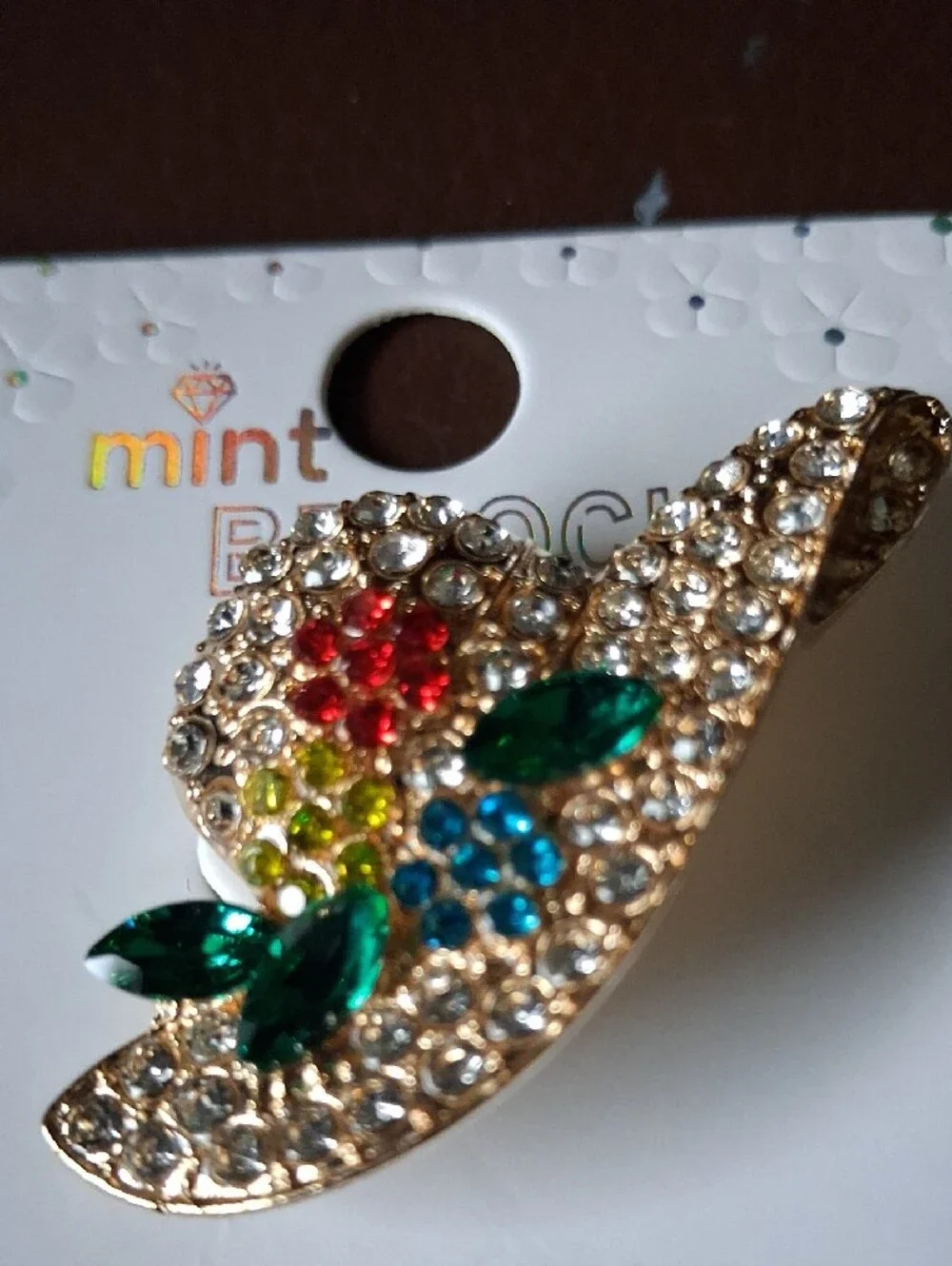 Mint Gold-Tone Multicolor Crystal Floral Brooch with Green Leaves